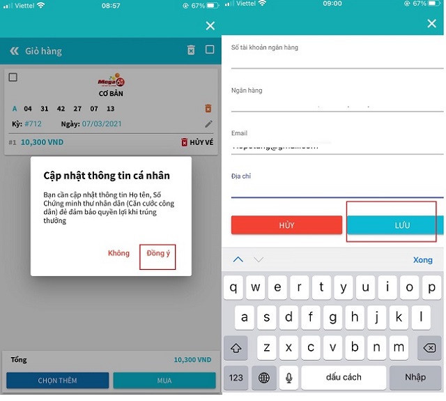 Thực hiện cập nhật thông tin cá nhân theo yêu cầu khi mua vé số Vietlott