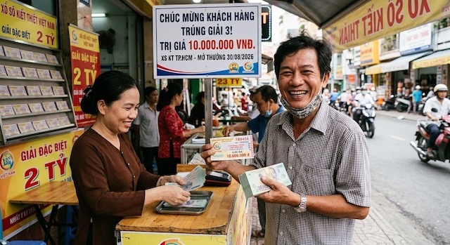 Hình ảnh người mua vé số trúng giải 3 nhận tiền thưởng tại các đại lý